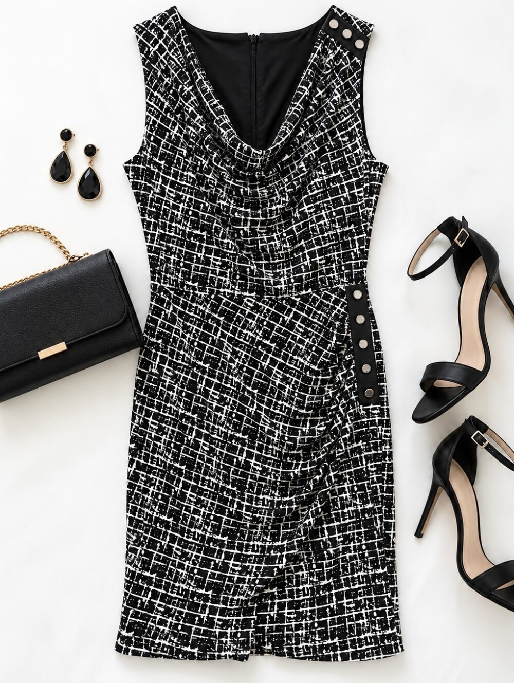 White House Black Market Black and White Sleeveless Cowl Dress